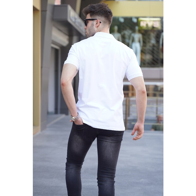 Madmext White Striped Polo Neck Men's T-Shirt 5864