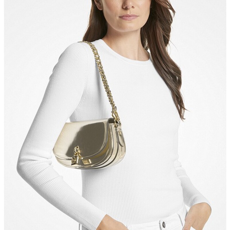 Michael Kors kožená crossbody kabelka Mila sm shiny zlatá