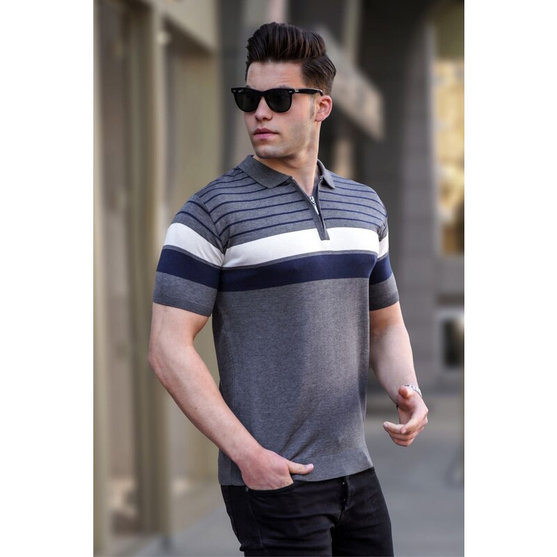 Madmext Men's Anthracite Polo Collar Zippered T-Shirt 5732