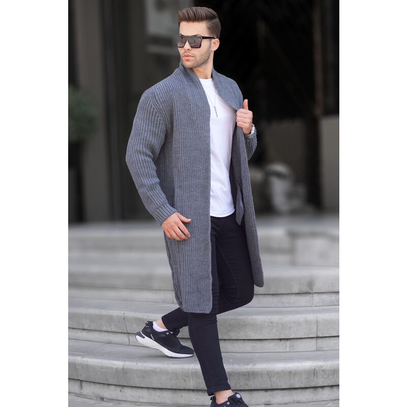 Madmext Anthracite Standing Collar Long Knitwear Cardigan with Pocket 6816