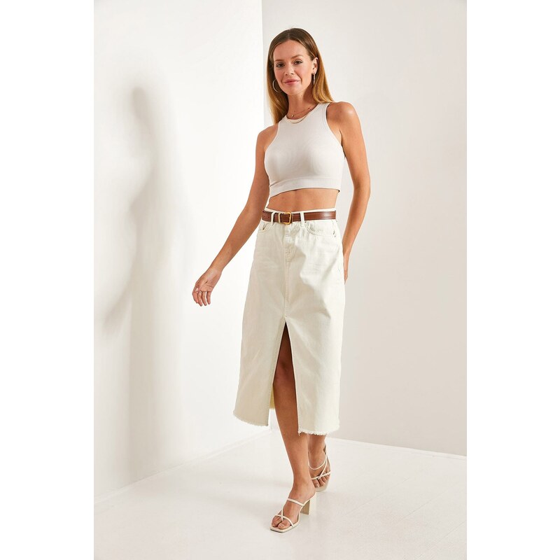 Bianco Lucci Women's Laser Cut Slit Denim Skirt