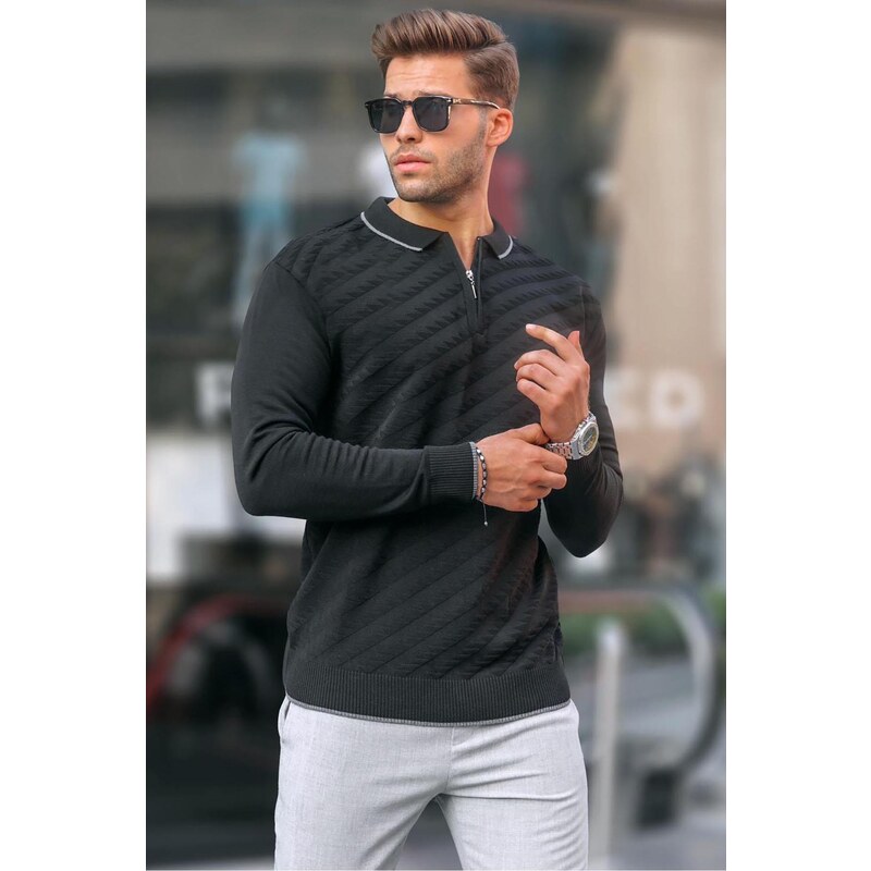 Madmext Men's Black Zippered Knitwear Sweater 6824