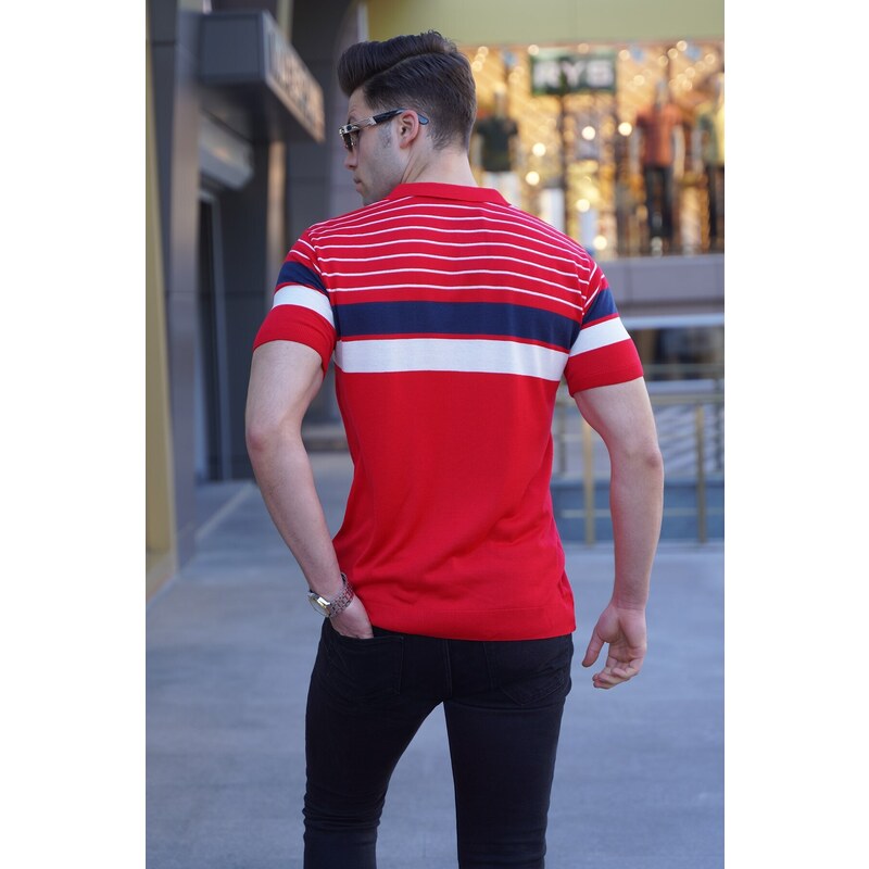 Madmext Men's Red Polo Neck Zippered T-Shirt 5732