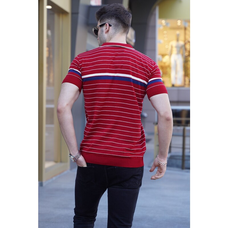 Madmext Red Striped Polo Neck T-Shirt 5734