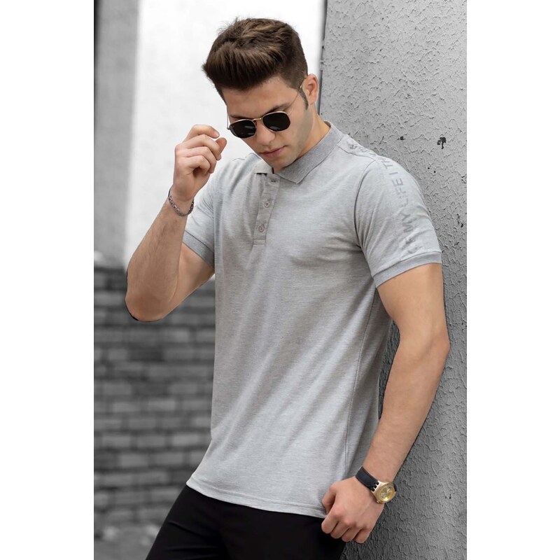 Madmext Shoulder Print Gray Men's Polo T-Shirt 4585