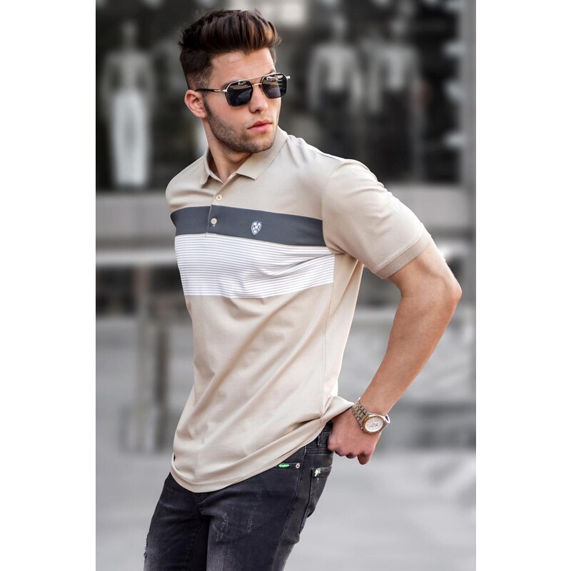 Madmext Beige Striped Polo Neck Men's T-Shirt 5864