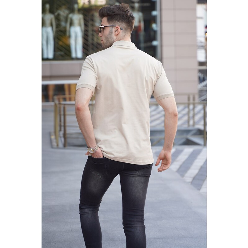 Madmext Beige Striped Polo Neck Men's T-Shirt 5864