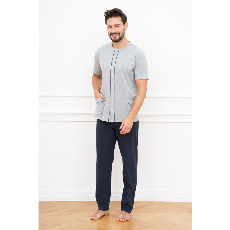 Italian Fashion Pánské pyžamo Alcest, krátký rukáv, dlouhé kalhoty - melanž/námořnická modř