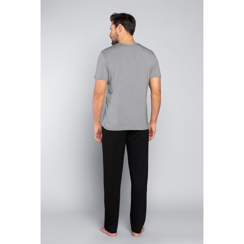 Italian Fashion Pánské pyžamo Dallas, krátký rukáv, dlouhé kalhoty - melanž/černá