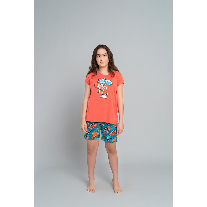 Italian Fashion Dívčí pyžamo Oceania, krátký rukáv, krátké nohavice - korál/potisk