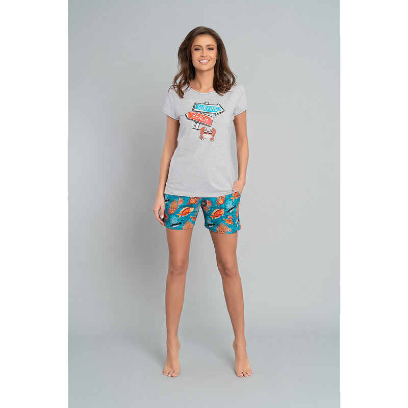 Italian Fashion Dámské pyžamo Oceania, krátký rukáv, krátké kalhoty - světlá melanž/potisk