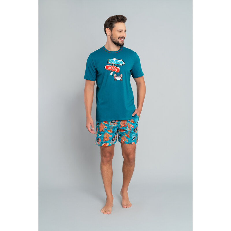 Italian Fashion Pánské pyžamo Crab, krátký rukáv, krátké kalhoty - modrozelená/potisk