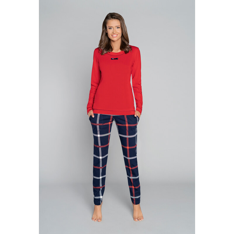 Italian Fashion Dámské pyžamo Izera, dlouhý rukáv, dlouhé nohavice - červená/potisk