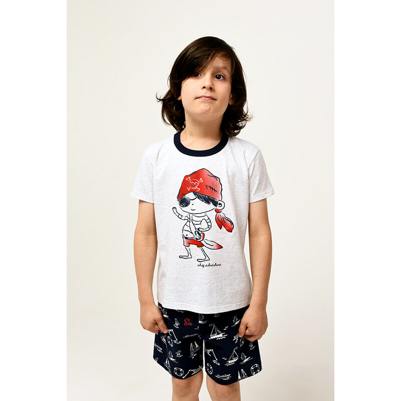 Italian Fashion Chlapecké pyžamo Kastos, krátký rukáv, krátké kalhoty - potisk světle melanž/námořnická modř