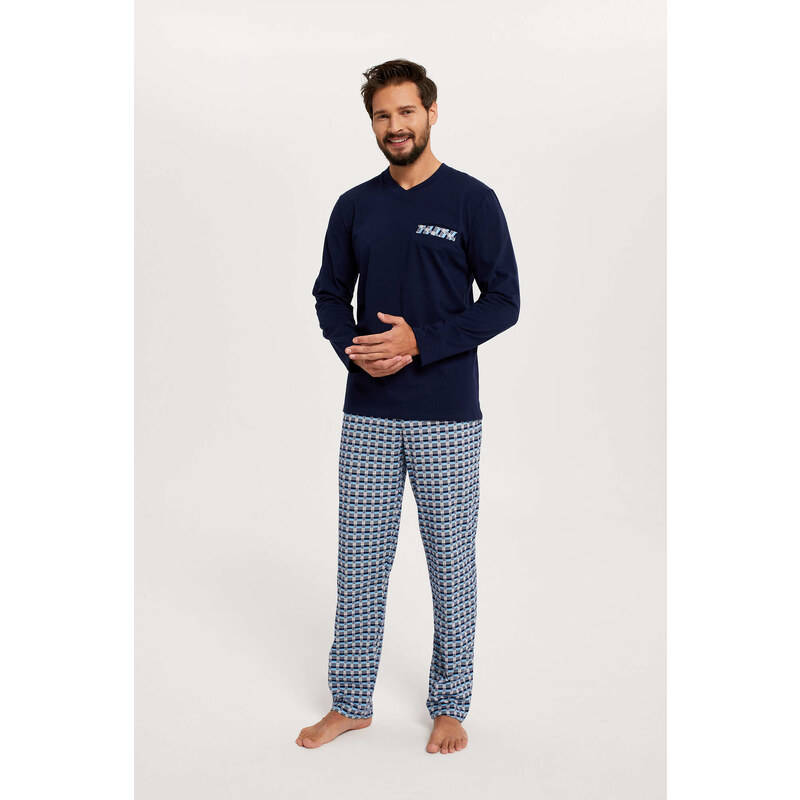 Italian Fashion Pánské pyžamo Jaromír, dlouhý rukáv, dlouhé kalhoty - tmavě modrá/potisk