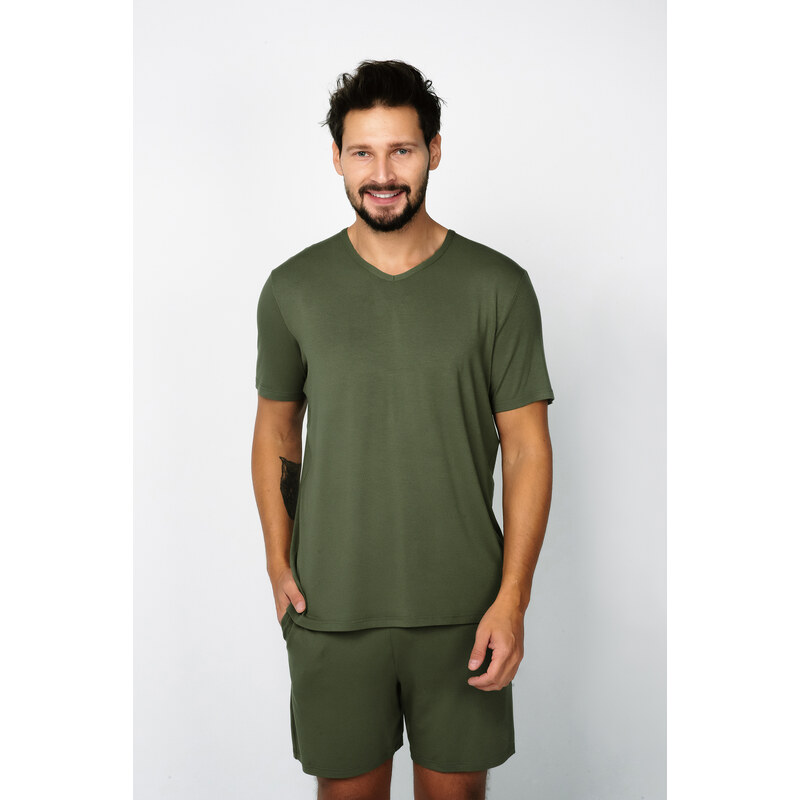 Italian Fashion Pánské pyžamo Dallas, krátký rukáv, krátké kalhoty - khaki