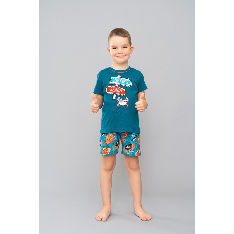 Italian Fashion Chlapecké pyžamo Crab, krátký rukáv, krátké kalhoty - modrozelená/potisk
