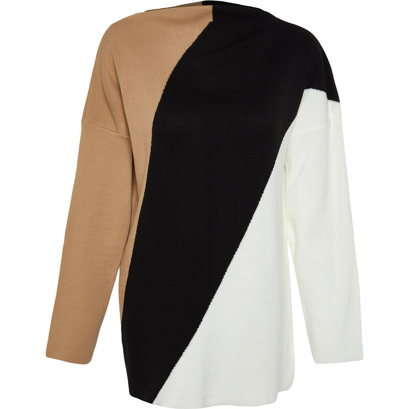 Trendyol Beige Color Block High Neck Knitwear Sweater