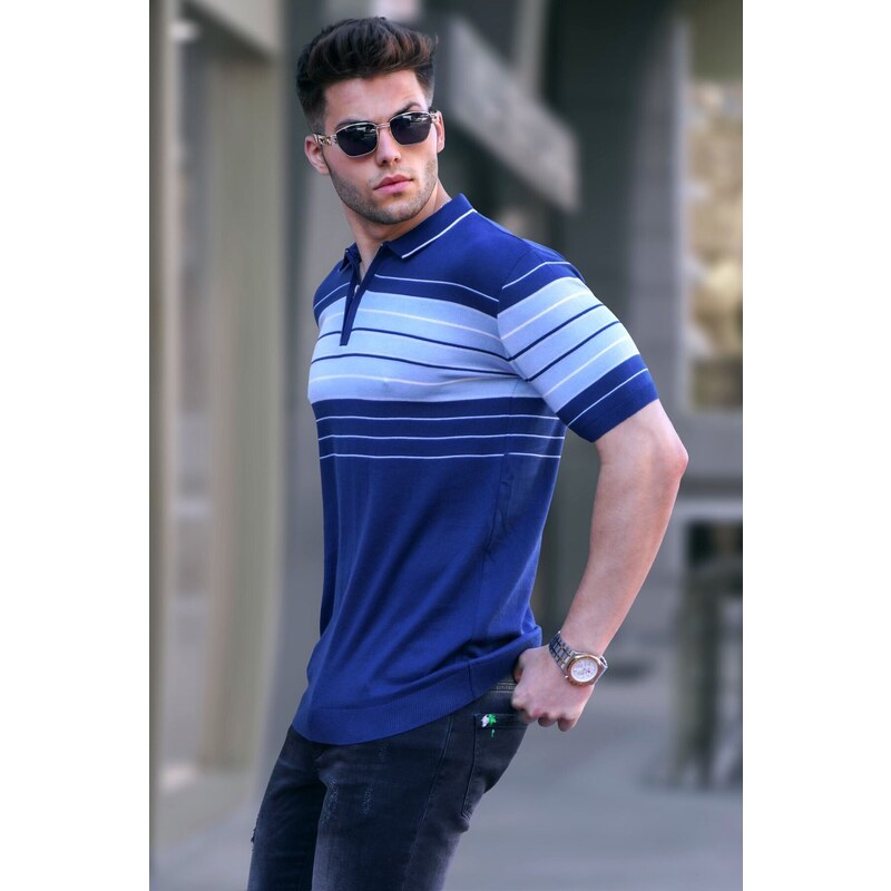 Madmext Men's Navy Blue Polo Collar Zippered T-Shirt 5733