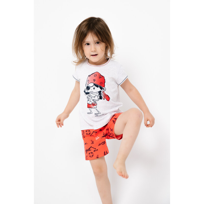 Italian Fashion Dívčí pyžamo Marina, krátký rukáv, krátké kalhoty - světlá meláž/červený potisk