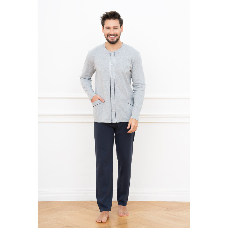 Italian Fashion Pánské pyžamo Alcest, dlouhý rukáv, dlouhé kalhoty - melanž/námořnická modř