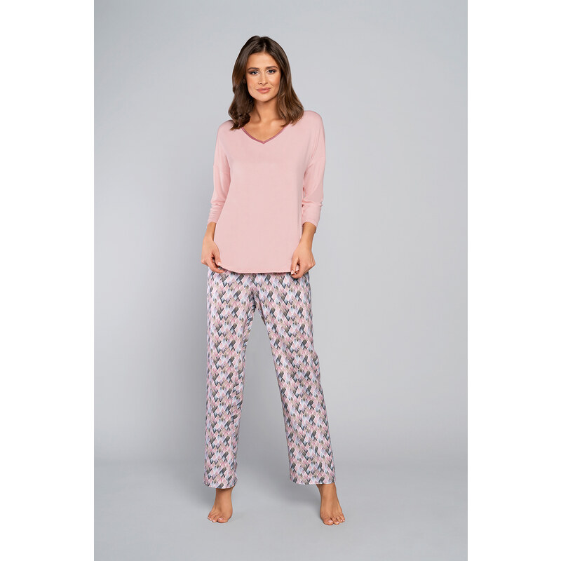 Italian Fashion Dámské bambusové pyžamo, 3/4 rukáv, dlouhé nohavice - pudrově růžová/potisk