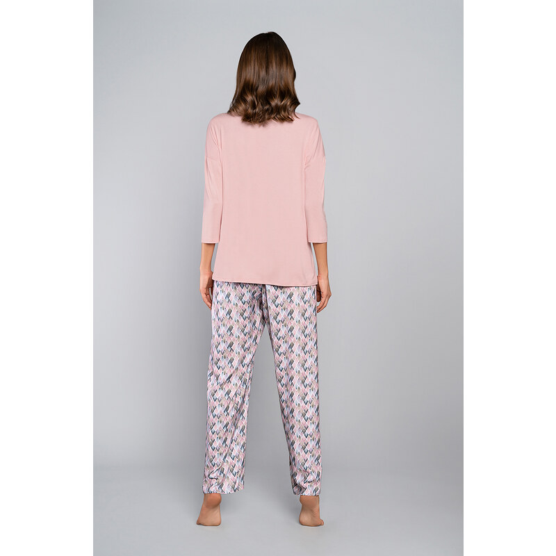 Italian Fashion Dámské bambusové pyžamo, 3/4 rukáv, dlouhé nohavice - pudrově růžová/potisk