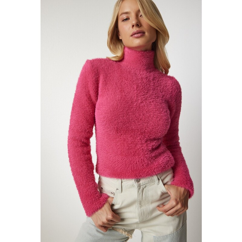 Happiness İstanbul Women's Fuchsia Turtleneck Bearded Knitwear Sweater