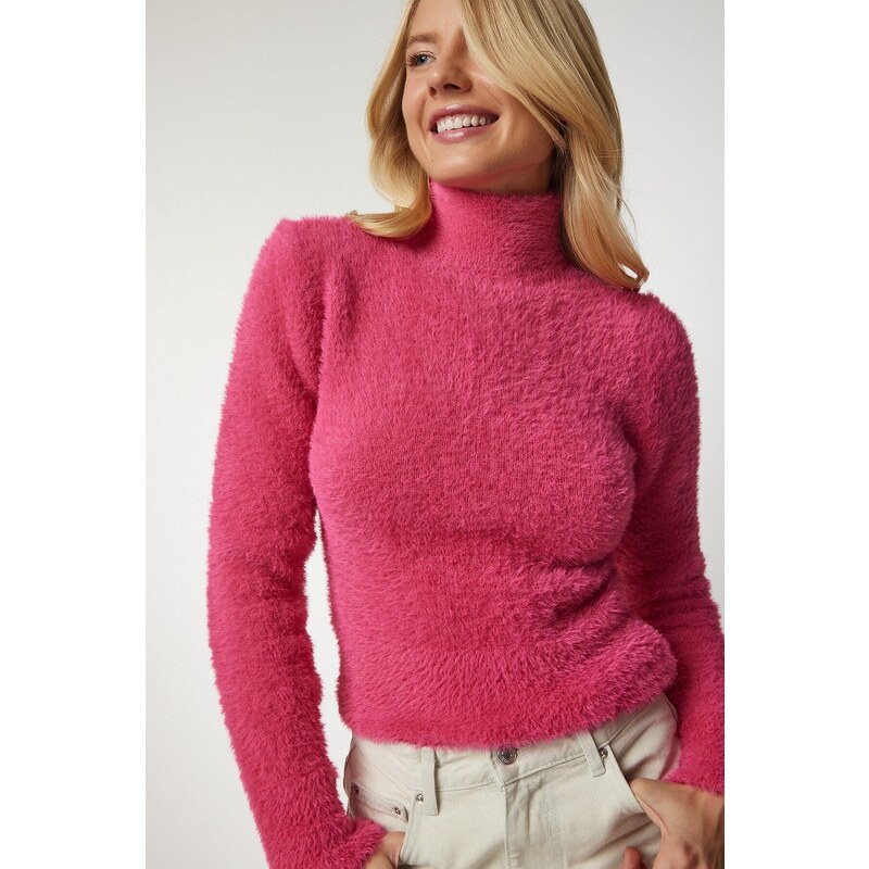 Happiness İstanbul Women's Fuchsia Turtleneck Bearded Knitwear Sweater