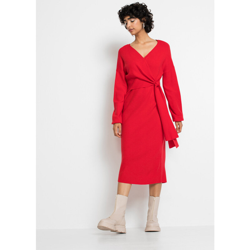 bonprix Pletené šaty v zavinovacím vzhledu Červená