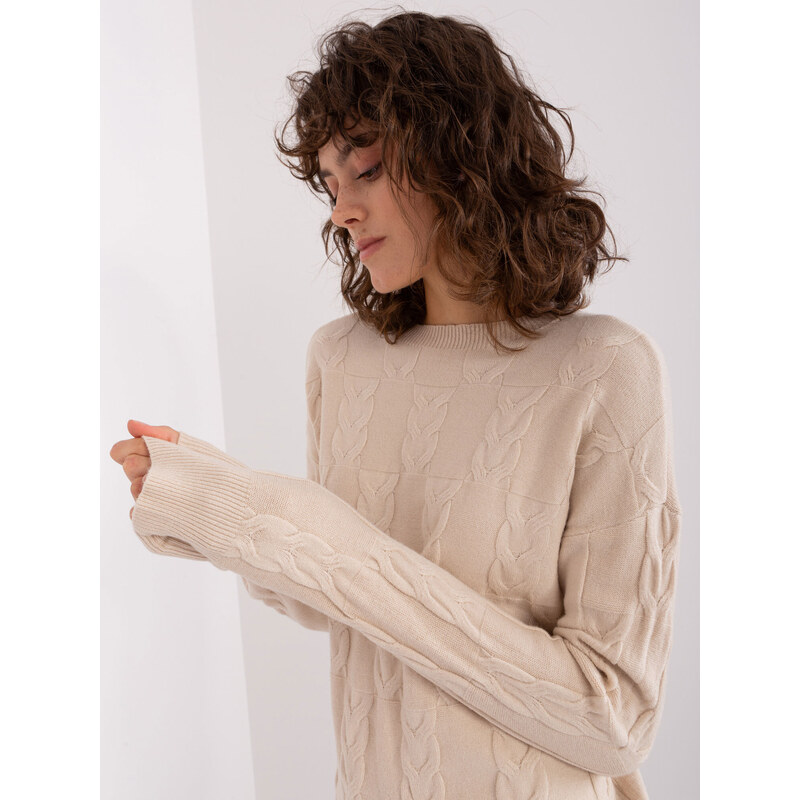 Fashionhunters Světle béžový pletený dámský svetr s kabelovým vzorem
