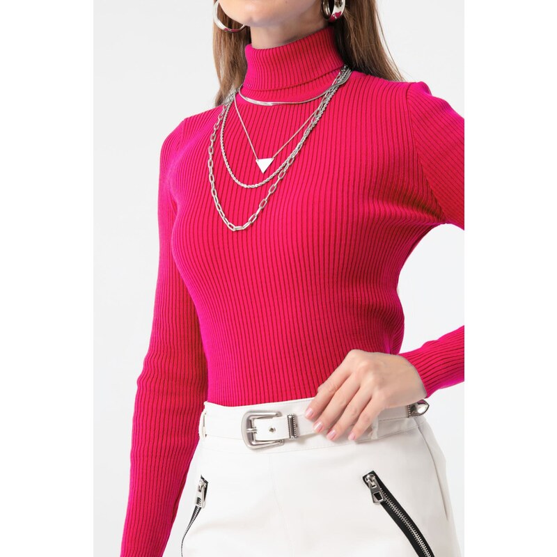 Lafaba Women's Fuchsia Turtleneck Knitwear Sweater