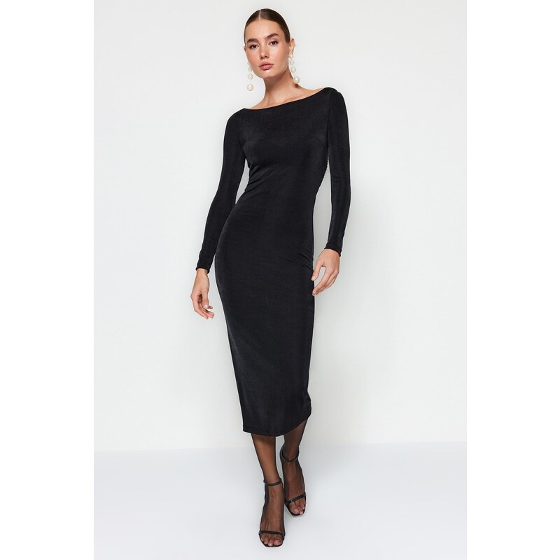 Trendyol černé vypasované pletené elegantní večerní šaty bez