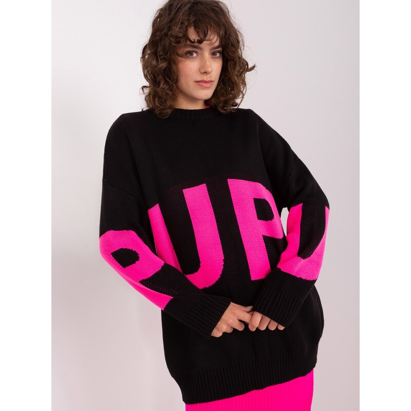 BASIC ČERNÝ DELŠÍ OVERSIZE SVETR S RŮŽOVÝM NÁPISEM --BLACK-PINK Černá