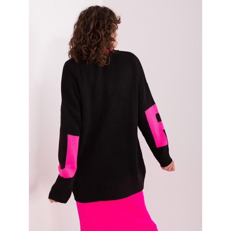 BASIC ČERNÝ DELŠÍ OVERSIZE SVETR S RŮŽOVÝM NÁPISEM --BLACK-PINK Černá