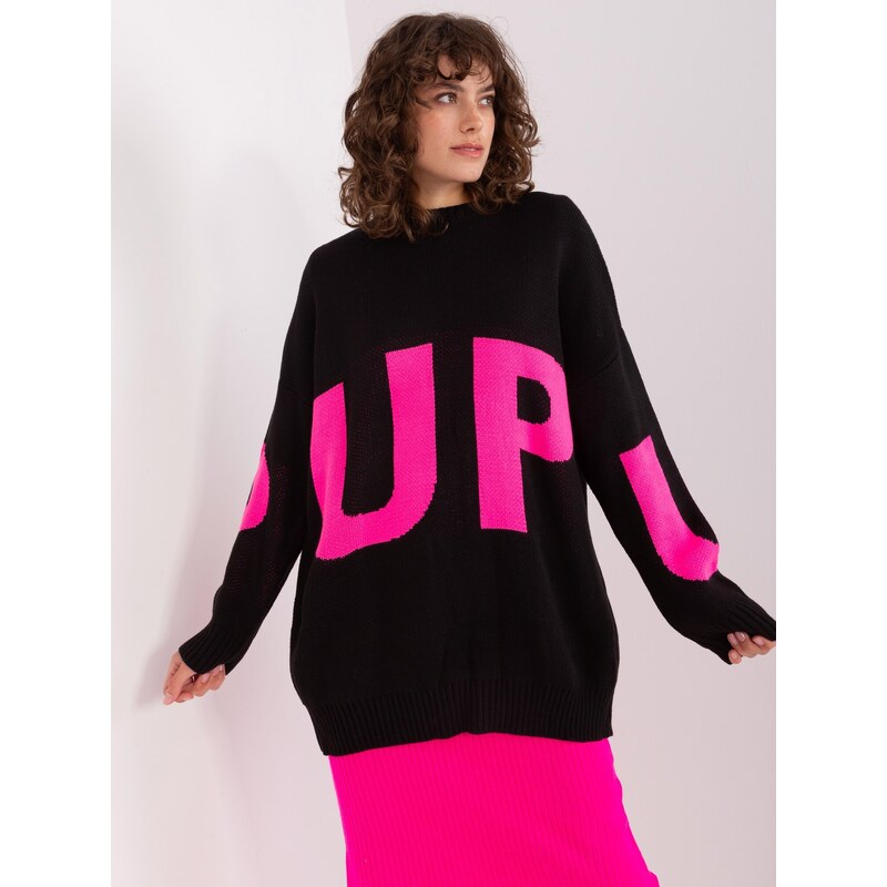 BASIC ČERNÝ DELŠÍ OVERSIZE SVETR S RŮŽOVÝM NÁPISEM --BLACK-PINK Černá