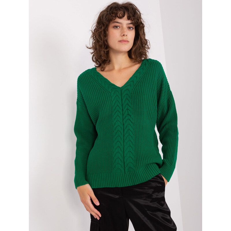 Fashionhunters Tmavě zelený dámský klasický pletený svetr
