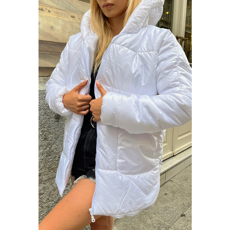 Trend Alaçatı Stili Dámské Bílá Kapuce Vnější Kapsa Puffer Módní Oversize Down Coat