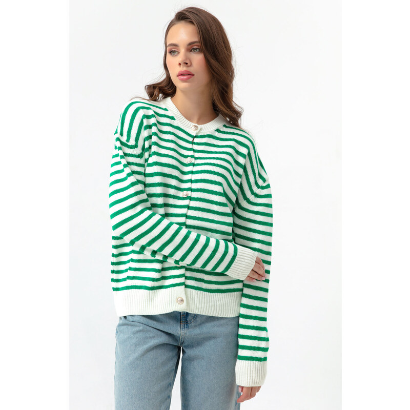 Lafaba Women's Green Gold Buttons Striped Knitwear Cardigan