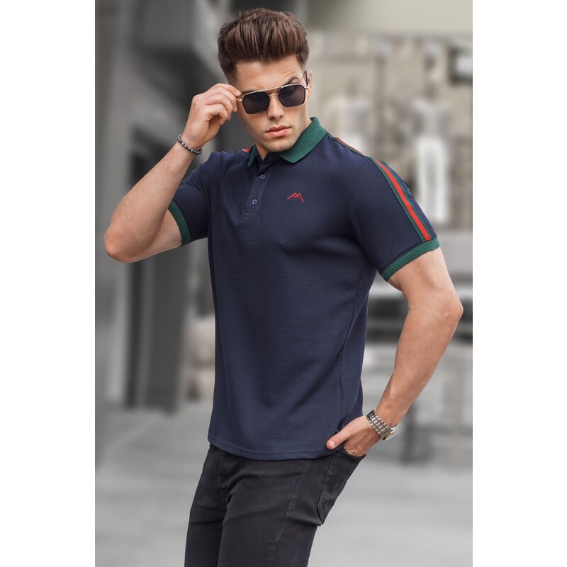 Madmext Navy Striped Sleeves Polo Neck T-Shirt 5888