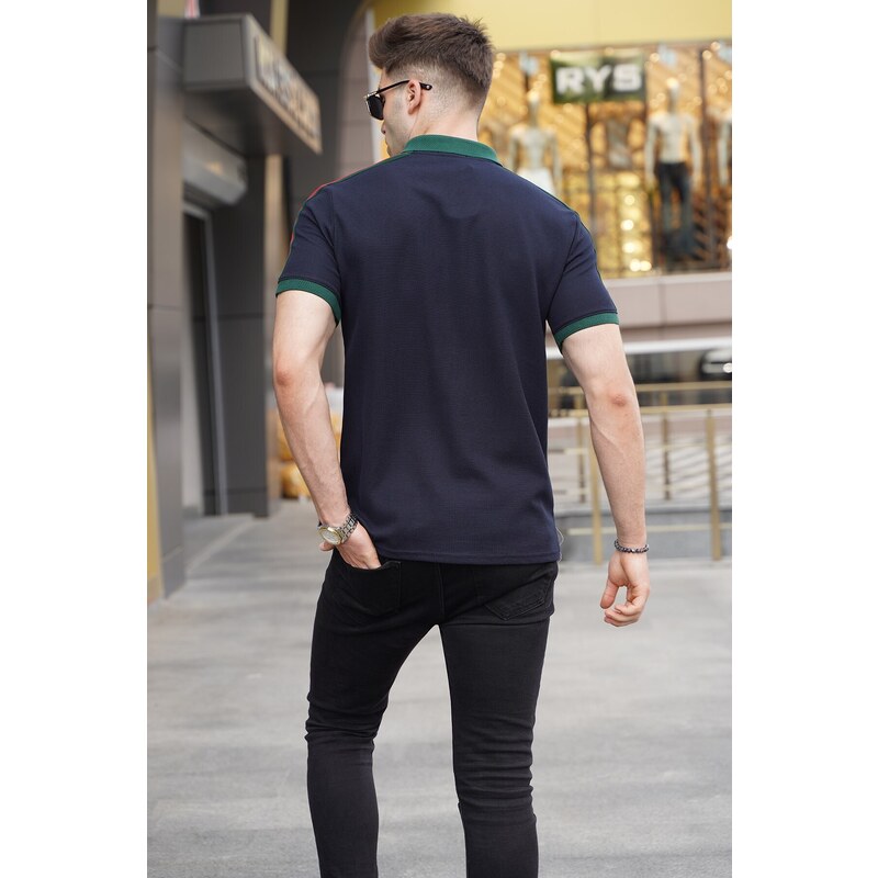 Madmext Navy Striped Sleeves Polo Neck T-Shirt 5888