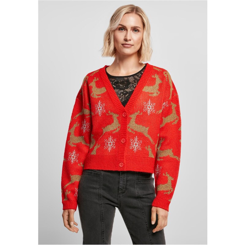 Urban Classics Dámský krátký oversized vánoční cardigan červeno