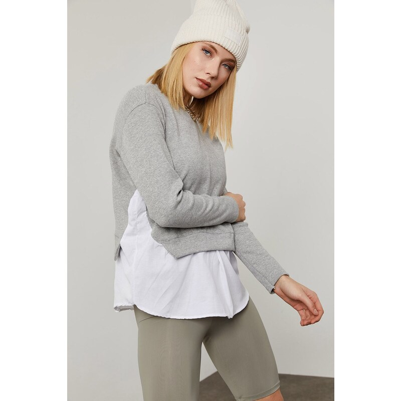 XHAN Women's Gray Woven Skirt Sweatshirt