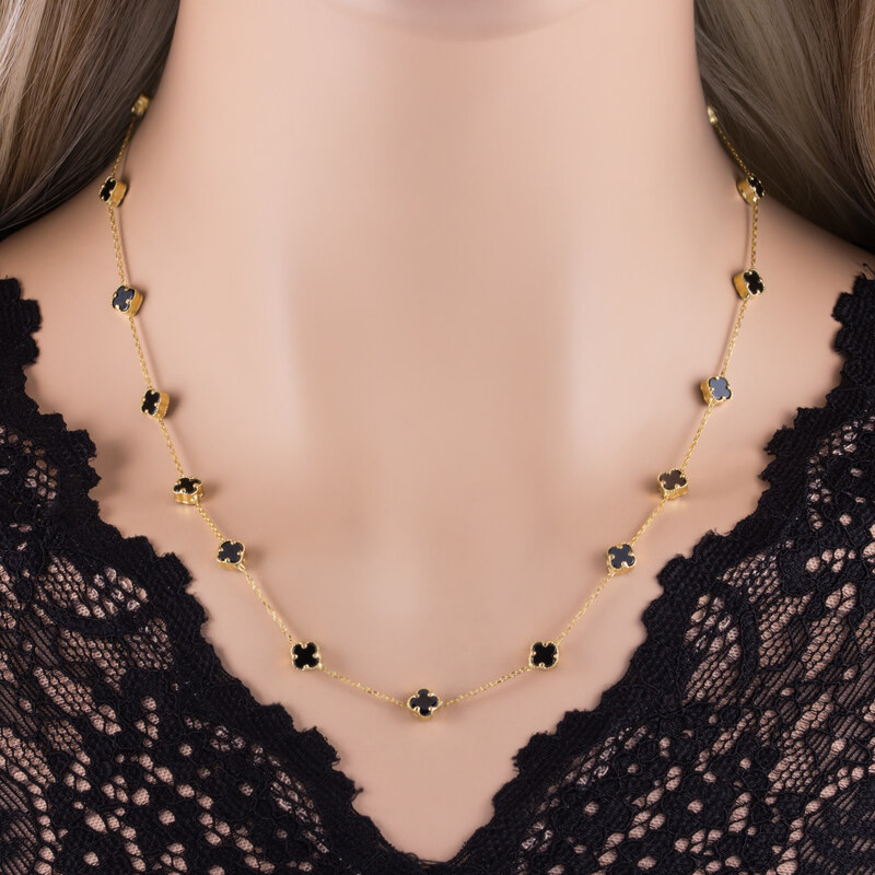 GEMMAX Jewelry Zlatý náhrdelník se Čtyřlístky ve Vintage stylu s černými Onyxy- délka 45 cm GLNYX-45-01976