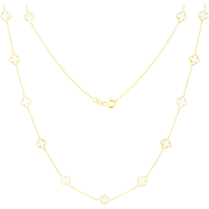 GEMMAX Jewelry Zlatý náhrdelník se Čtyřlístky ve Vintage stylu s bílými Onyxy délka 45 cm GLNYD-45-01975