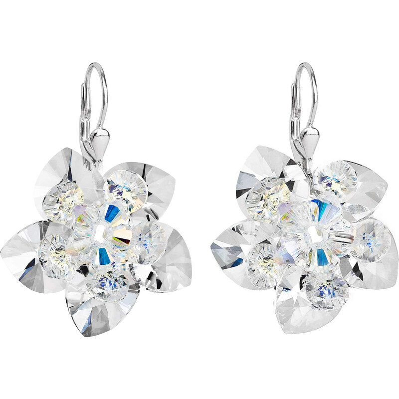Stříbrné náušnice visací s krystaly Swarovski bílá kytička 31130.1 74170146