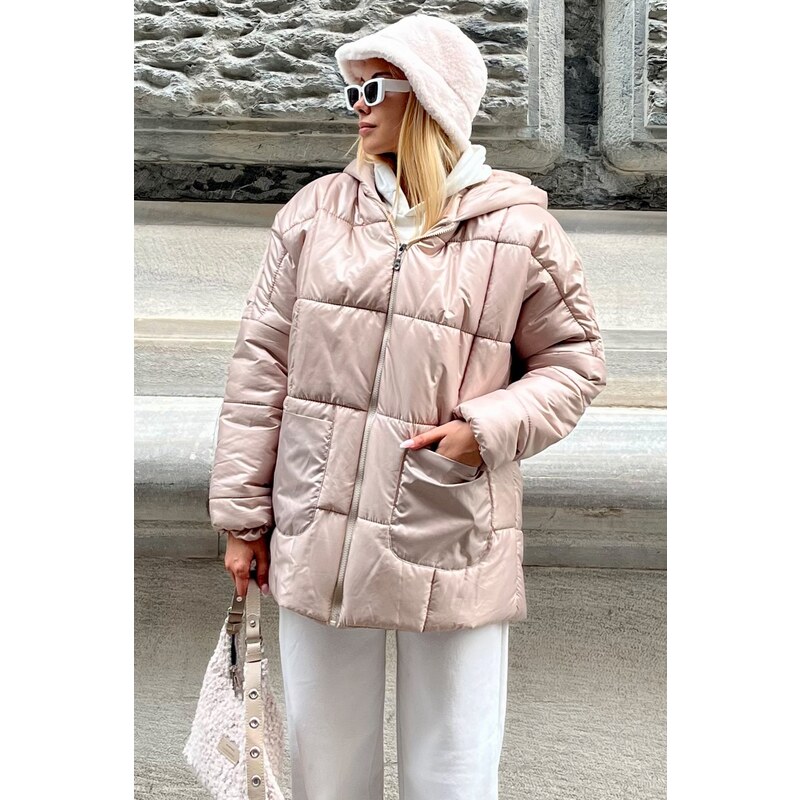 Trend Alaçatı Stili Dámské Kámen Kapuce Vnější Kapsa Puffer Módní 107259674
