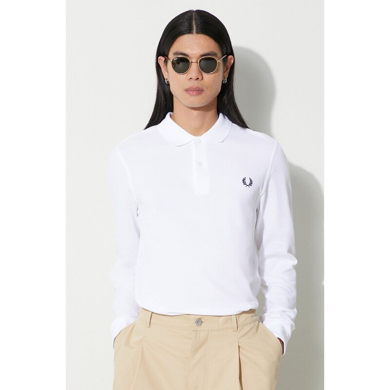 Bavlněné tričko s dlouhým rukávem Fred Perry bílá barva, s aplikací, M6006.100