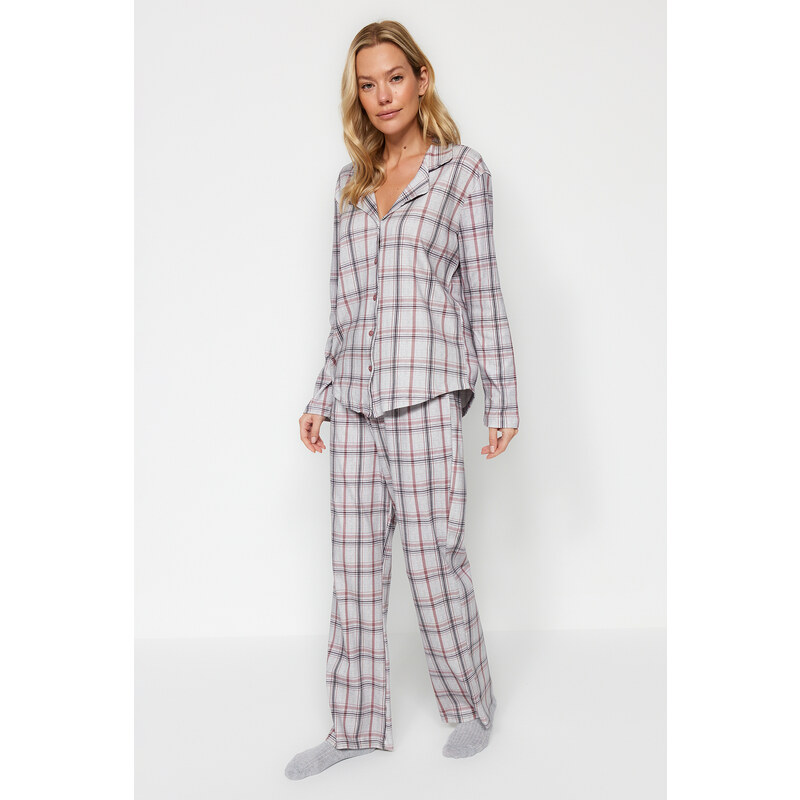 Trendyol Gray Multi Color 100% Cotton Brushed Plaid Shirt-Pants Knitted Pajamas Set