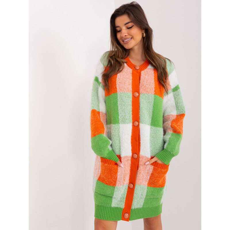 Fashionhunters Oranžový a světle zelený károvaný kardigan